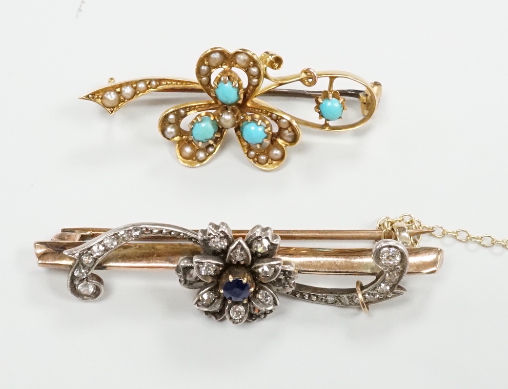 Two late Victorian yellow metal and gem set bar brooches, including sapphire and diamond, 46mm and turquoise and seed pearl, gross weight 9 grams.